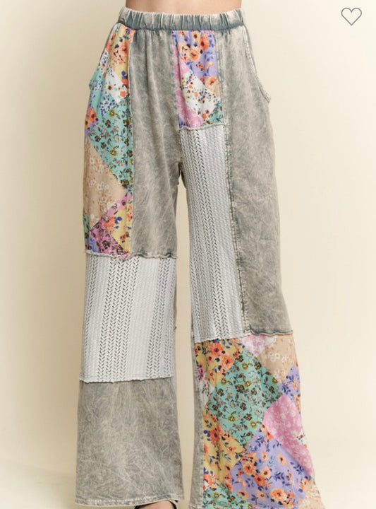 Mineral Washed Floral WaveKnit Jacquard Boho Pants
