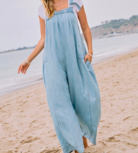 Acid Washed Chambray Overall Barrel Jumpsuit